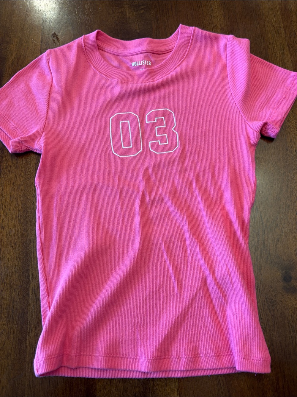 Hollister Bright Pink Ribbed Short Sleeve Tee with White '03' Graphic